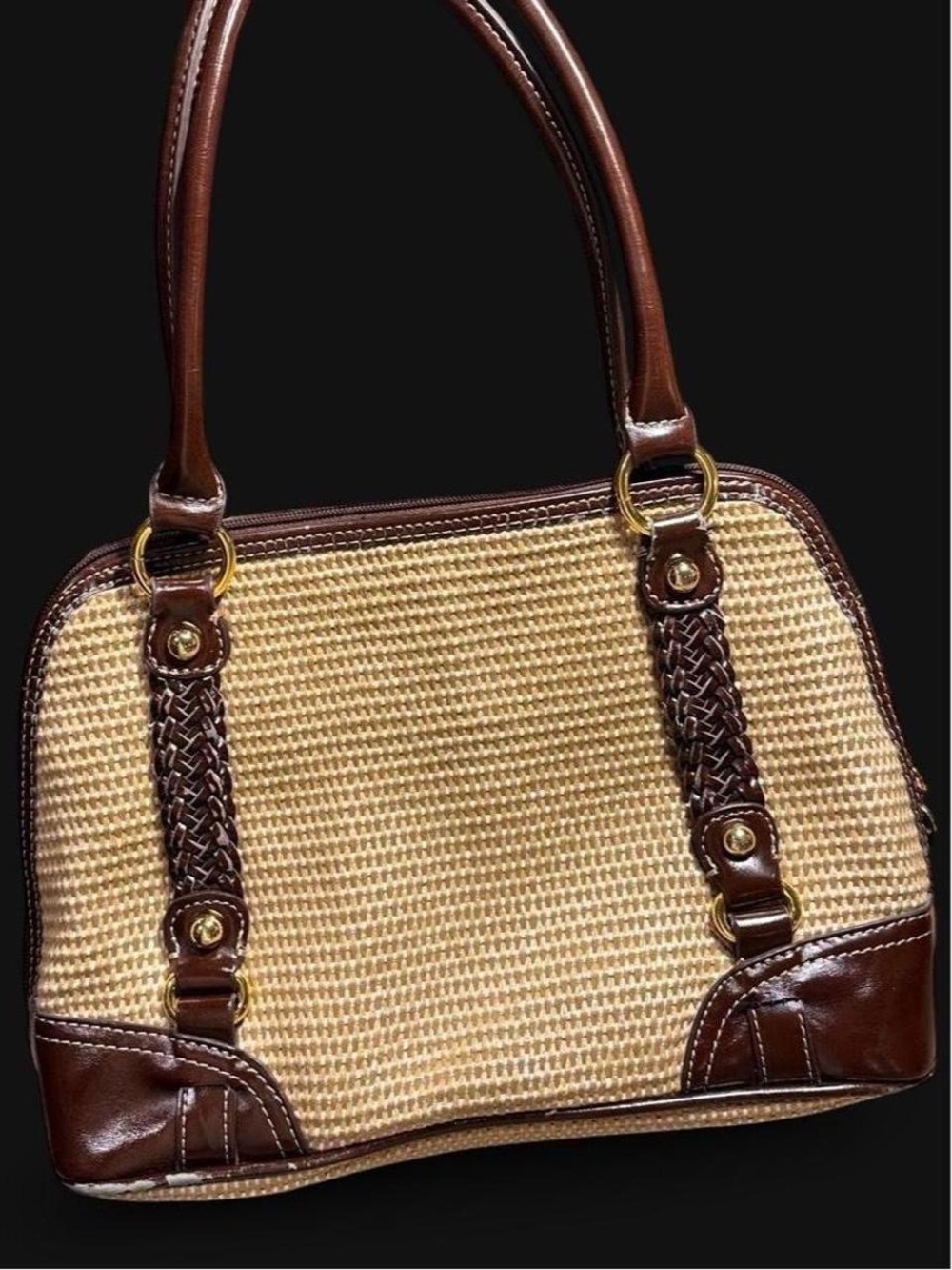 Giani Bernini Tan Woven Tote with Brown Leather Trim